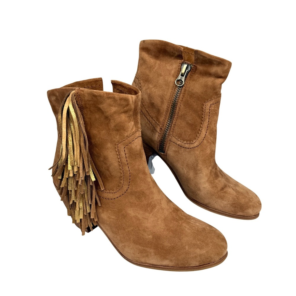 Sam Edelman Ankle Boots Women 10 Brown Suede Fringe Metallic Side Zip Block Heel